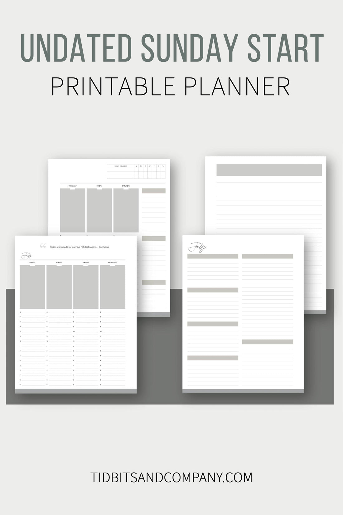 Undated Sunday Start Printable Planner